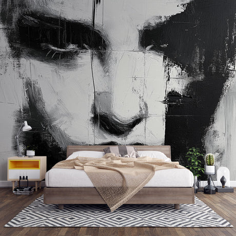 Abstract portrait wallpaper creating a dramatic focal point in a modern living room with minimal furniture