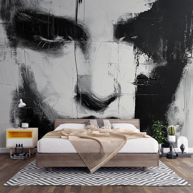 Abstract portrait wallpaper creating a dramatic focal point in a modern living room with minimal furniture