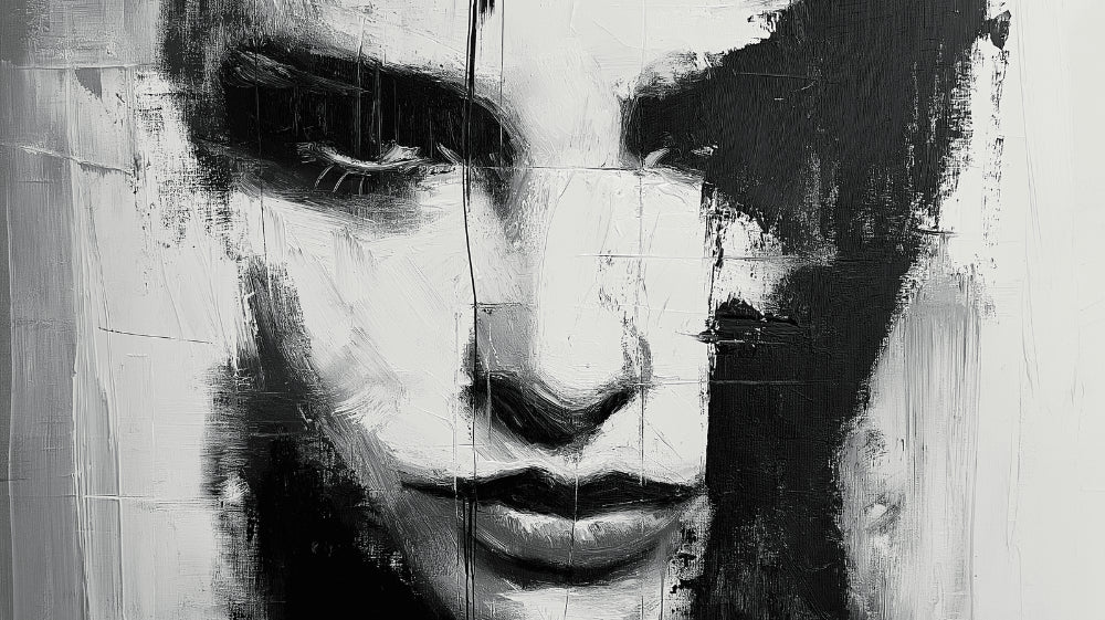 Black and white abstract portrait design file showing detailed brushstrokes and artistic expression
