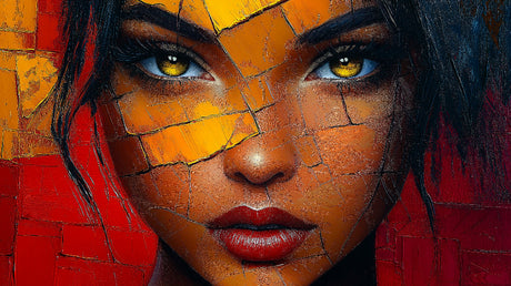Design file of abstract portrait with golden eyes and red cracked texture pattern