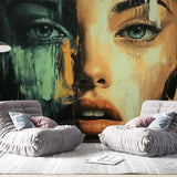 Abstract Portrait Wallpaper creating a dramatic focal point in a minimalist living room with modern furniture