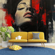 Abstract portrait wallpaper creating a dramatic focal point in a modern living room with minimalist furniture