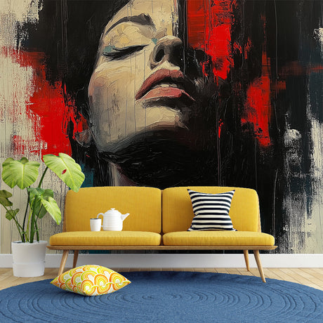 Abstract portrait wallpaper creating a dramatic focal point in a modern living room with minimalist furniture
