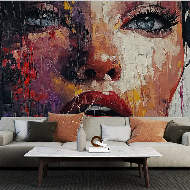 Abstract Portrait Mural Wallpaper creating drama in a modern living room with minimalist furniture and mood lighting