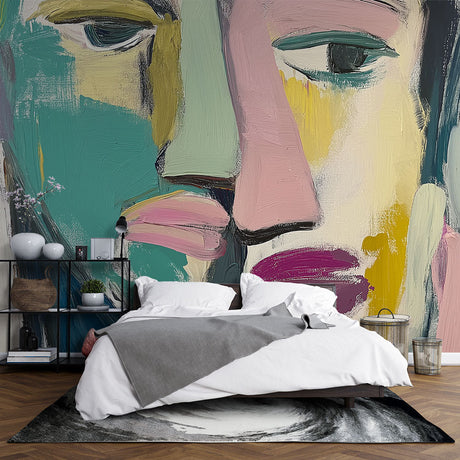 Abstract Portrait Wallpaper creating artistic impact in a modern living room with clean furniture and natural light