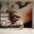 Abstract portrait wallpaper creating a stunning focal point in a minimalist living room with warm lighting