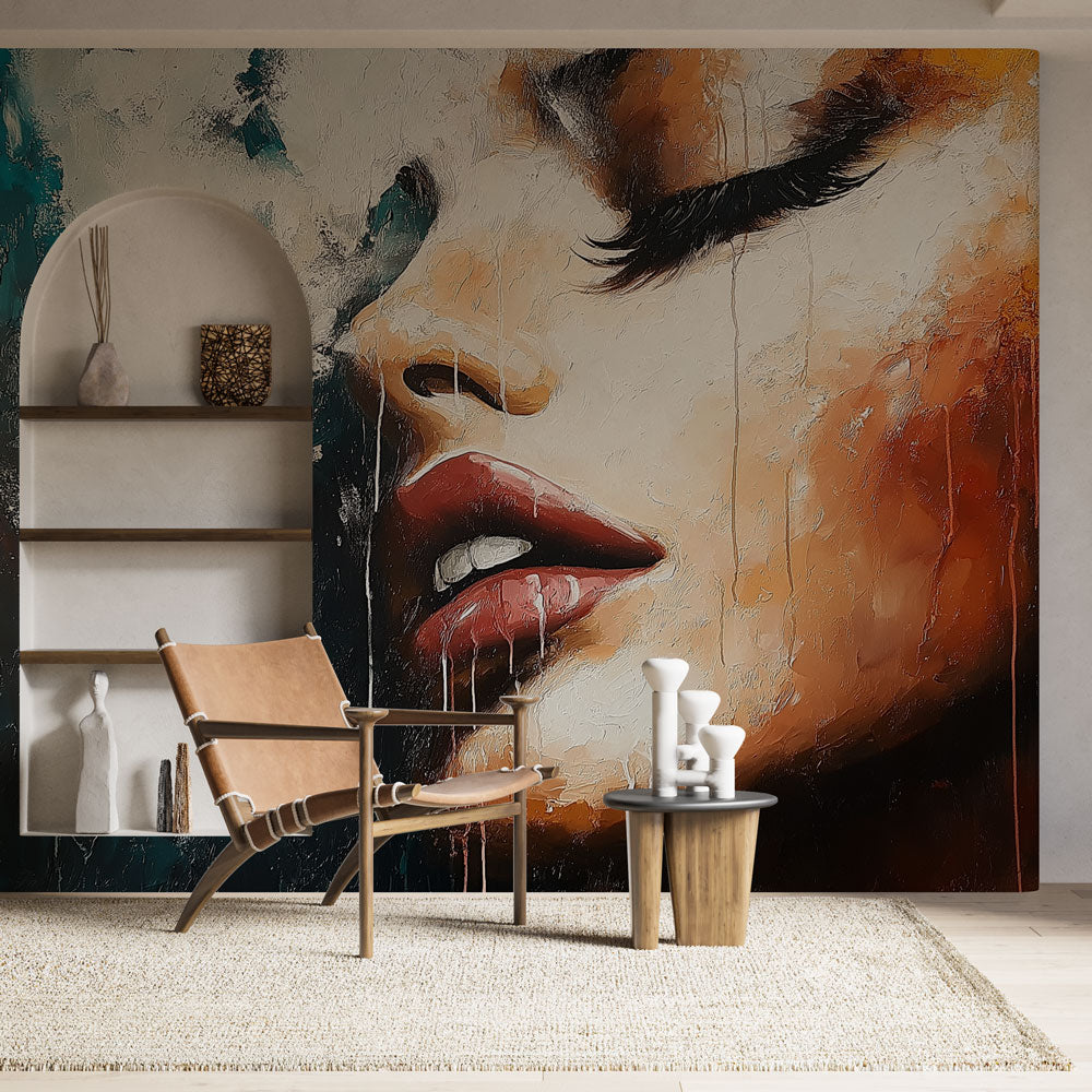 Abstract portrait wallpaper creating a stunning focal point in a minimalist living room with warm lighting
