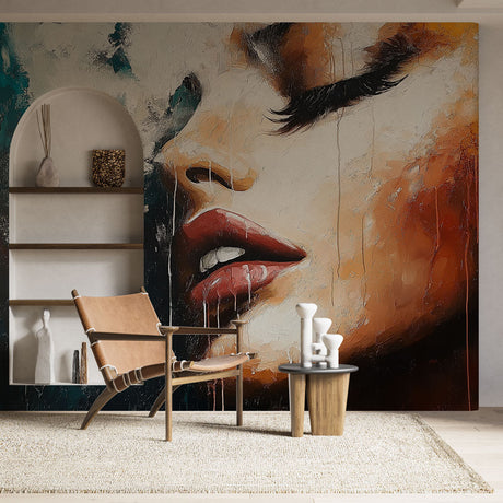 Abstract portrait wallpaper creating a stunning focal point in a minimalist living room with warm lighting