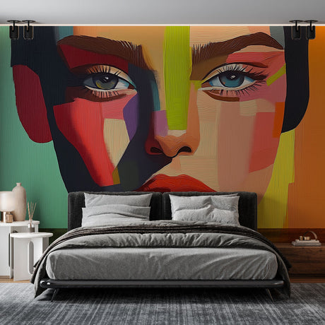 Modern geometric face art wallpaper creating a stunning focal point in a bright contemporary living room setting