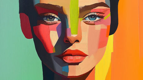 Abstract portrait wallpaper design file showing vibrant geometric face pattern with bold colors