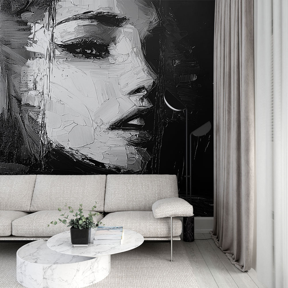 Abstract portrait wallpaper creating dramatic impact in a modern living room with minimalist furniture