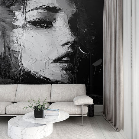 Abstract portrait wallpaper creating dramatic impact in a modern living room with minimalist furniture