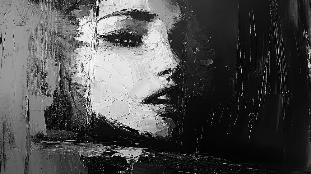 Black and white abstract portrait design file showing detailed brushstrokes and artistic texture
