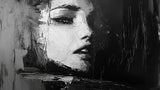 Black and white abstract portrait design file showing detailed brushstrokes and artistic texture