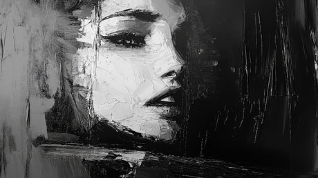 Black and white abstract portrait design file showing detailed brushstrokes and artistic texture