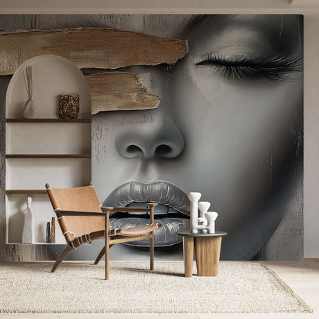 Abstract Portrait Wallpaper showcased in a modern living room with minimalist furniture and natural lighting