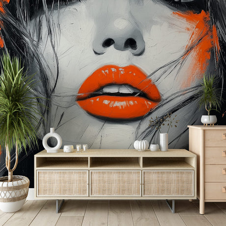 Abstract Portrait Wallpaper showcased in a modern living room, orange lips artwork creating a bold statement wall
