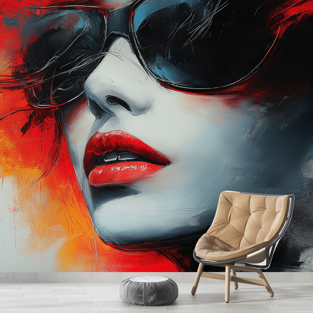 Abstract portrait wallpaper in modern living room, red and black art creating dramatic focal point against white furniture
