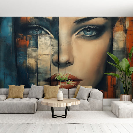 Abstract Portrait Mural Wallpaper creating a bold statement in a modern minimalist living room with white furniture
