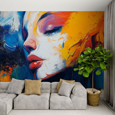 Abstract Portrait Wallpaper creating a stunning focal point in a modern living room with minimal furniture
