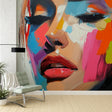 Abstract Portrait Wallpaper creating a stunning focal point in a modern living room with white furniture and minimalist decor