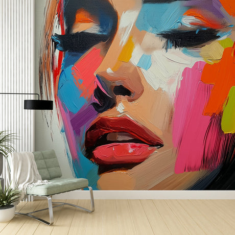 Abstract Portrait Wallpaper creating a stunning focal point in a modern living room with white furniture and minimalist decor