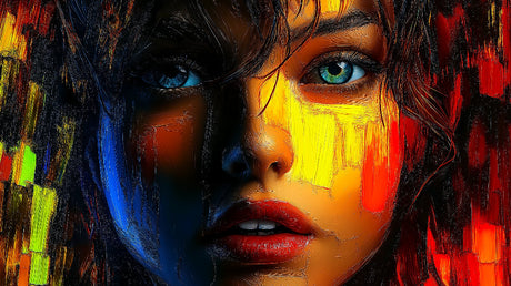 Abstract Portrait Wallpaper design file showing vibrant colors and mesmerizing blue eyes