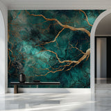 Emerald abstract wallpaper making statement in modern living room