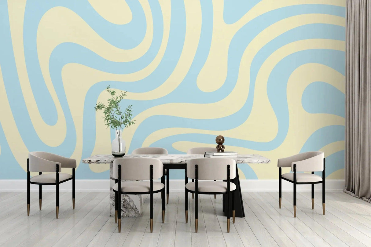 Abstract Mural Wallpaper | Flowing Waves in Blue and Beige