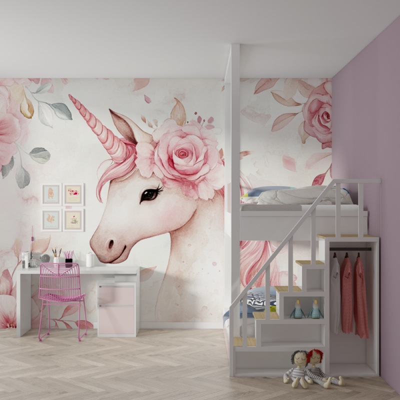 Unicorn Mural Wallpaper | Pink Roses and Watercolor Design