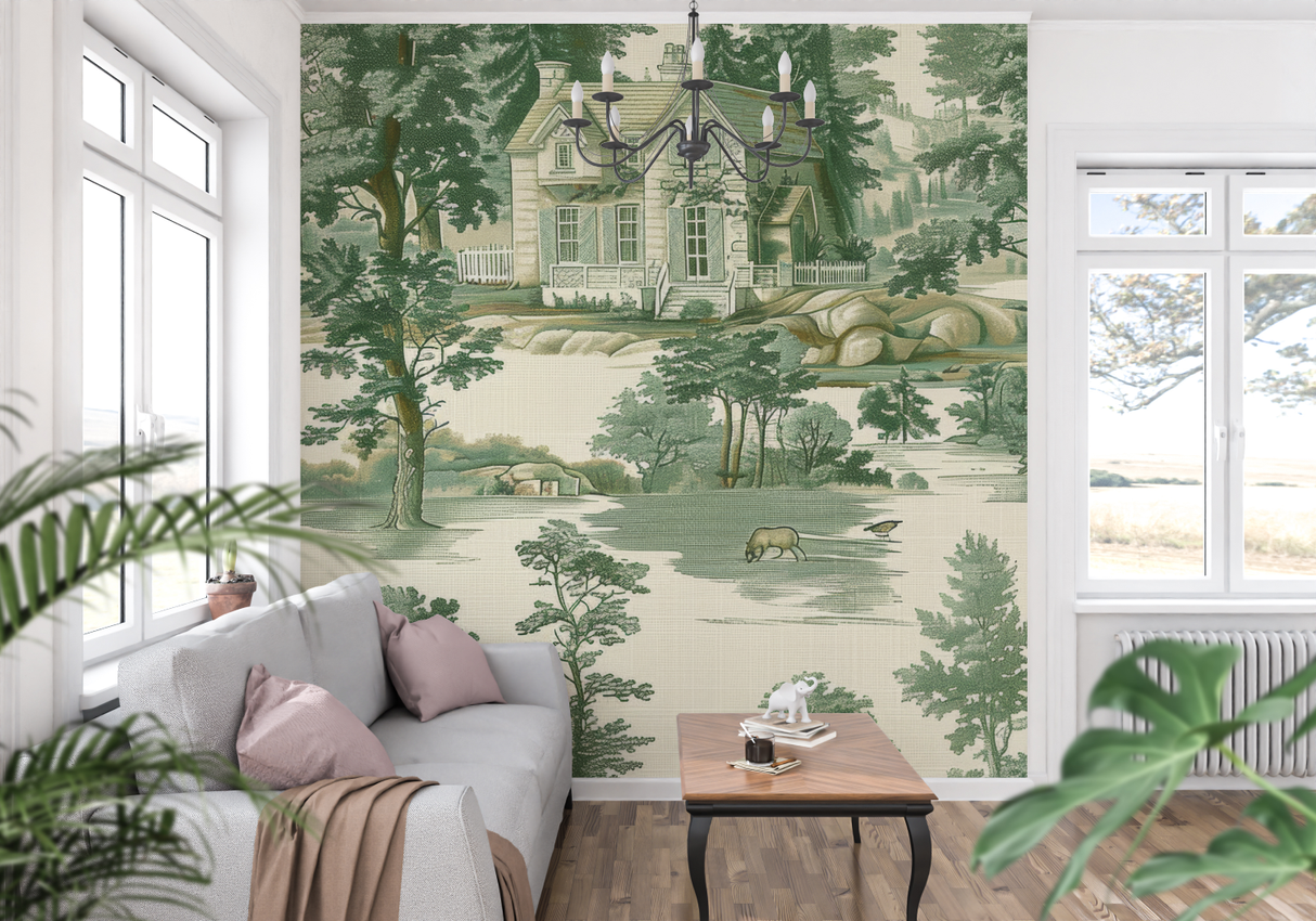 Vintage Mural Wallpaper | Pastoral Toile de Jouy in Green