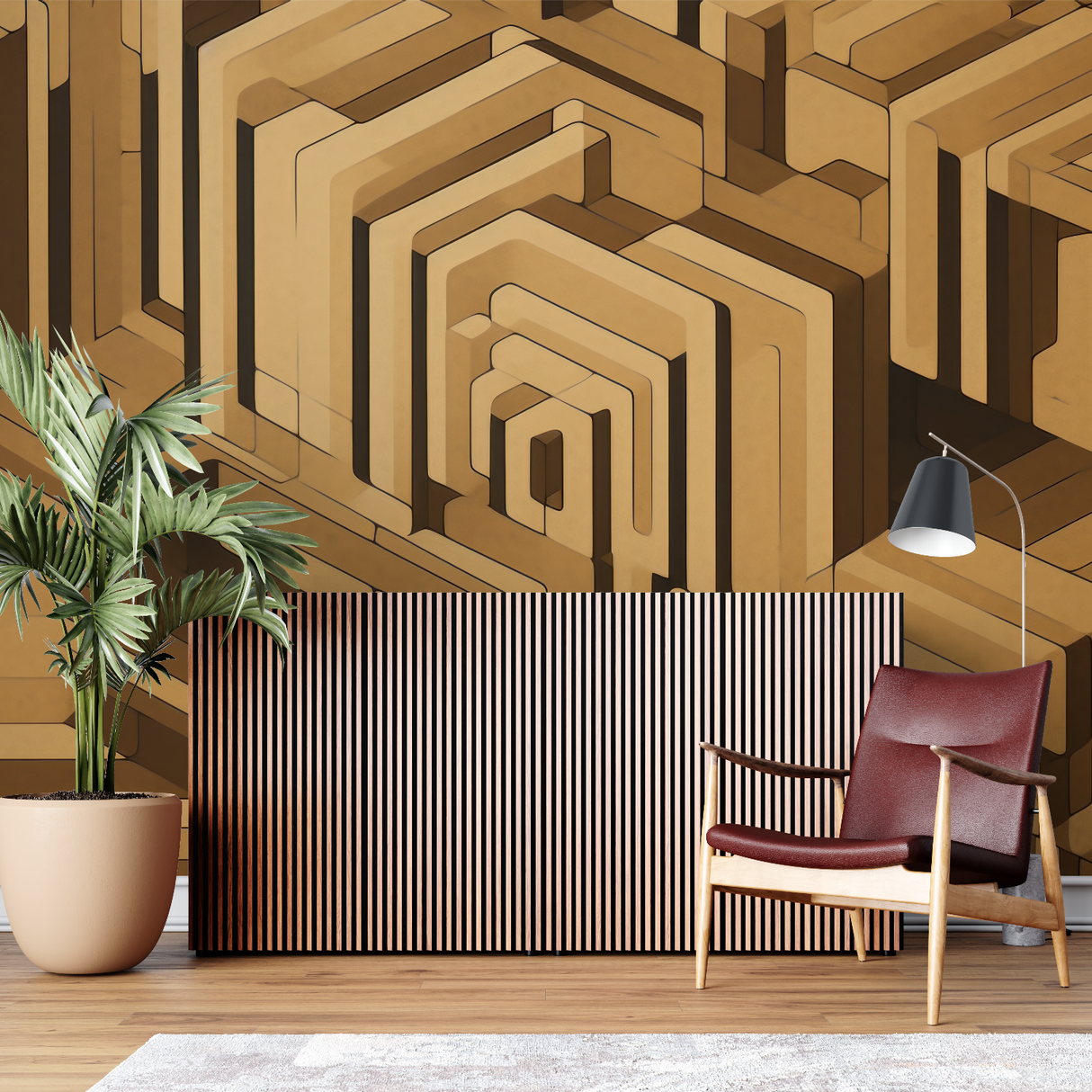 Geometric Mural Wallpaper | 3D Golden Labyrinth Design