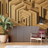 Geometric Mural Wallpaper | 3D Golden Labyrinth Design