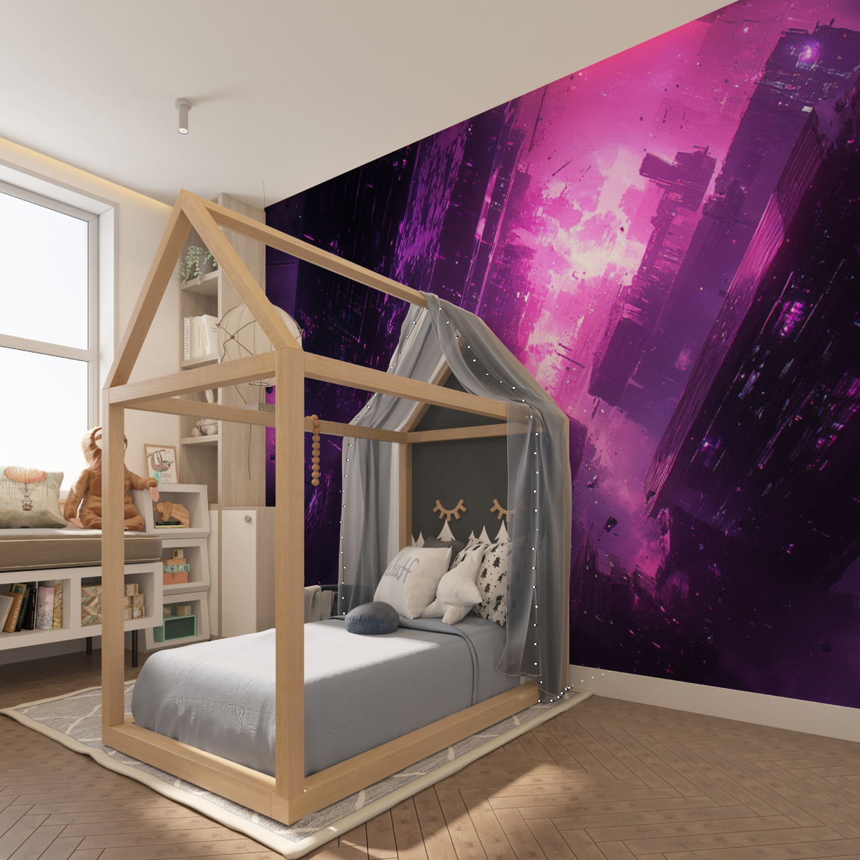 Gaming Mural Wallpaper | Neon Purple Cyberpunk City
