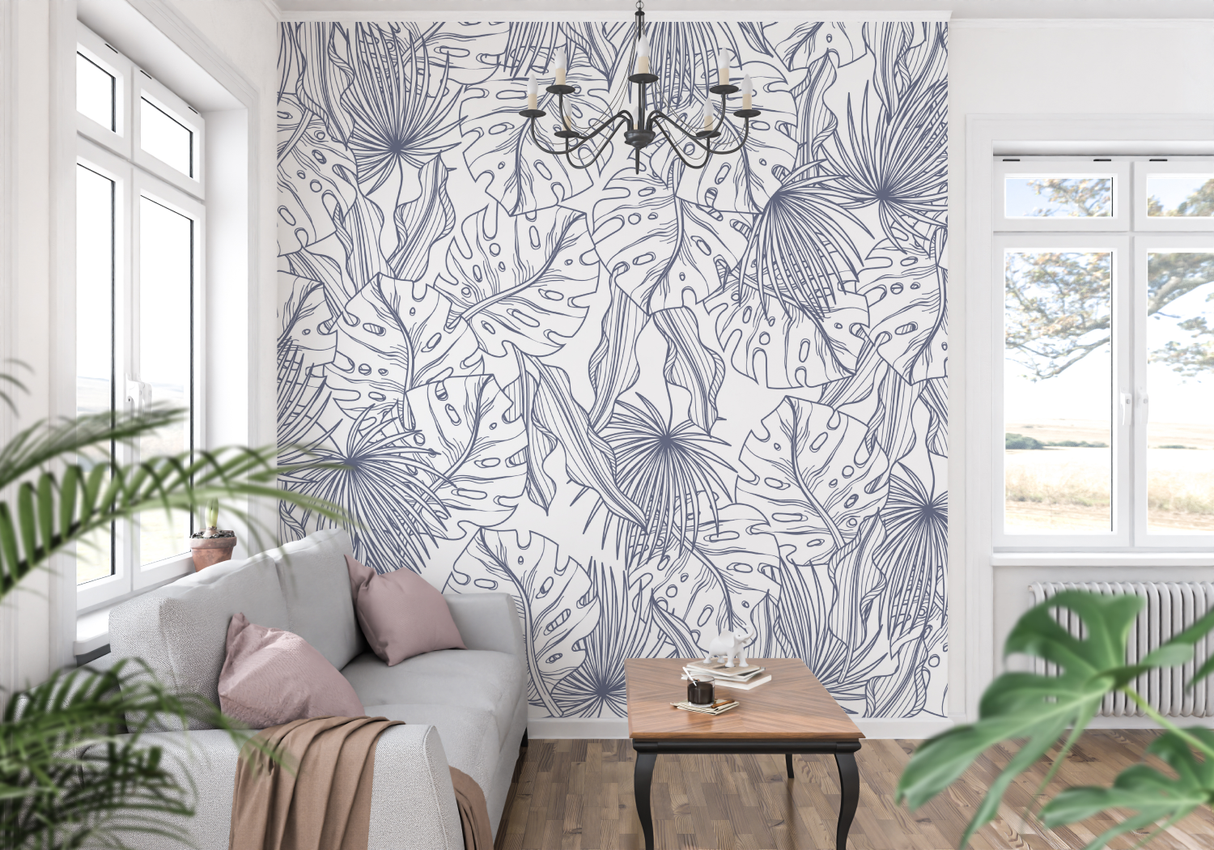 Tropical Line Art Mural Wallpaper | Blue Palm and Monstera Pattern