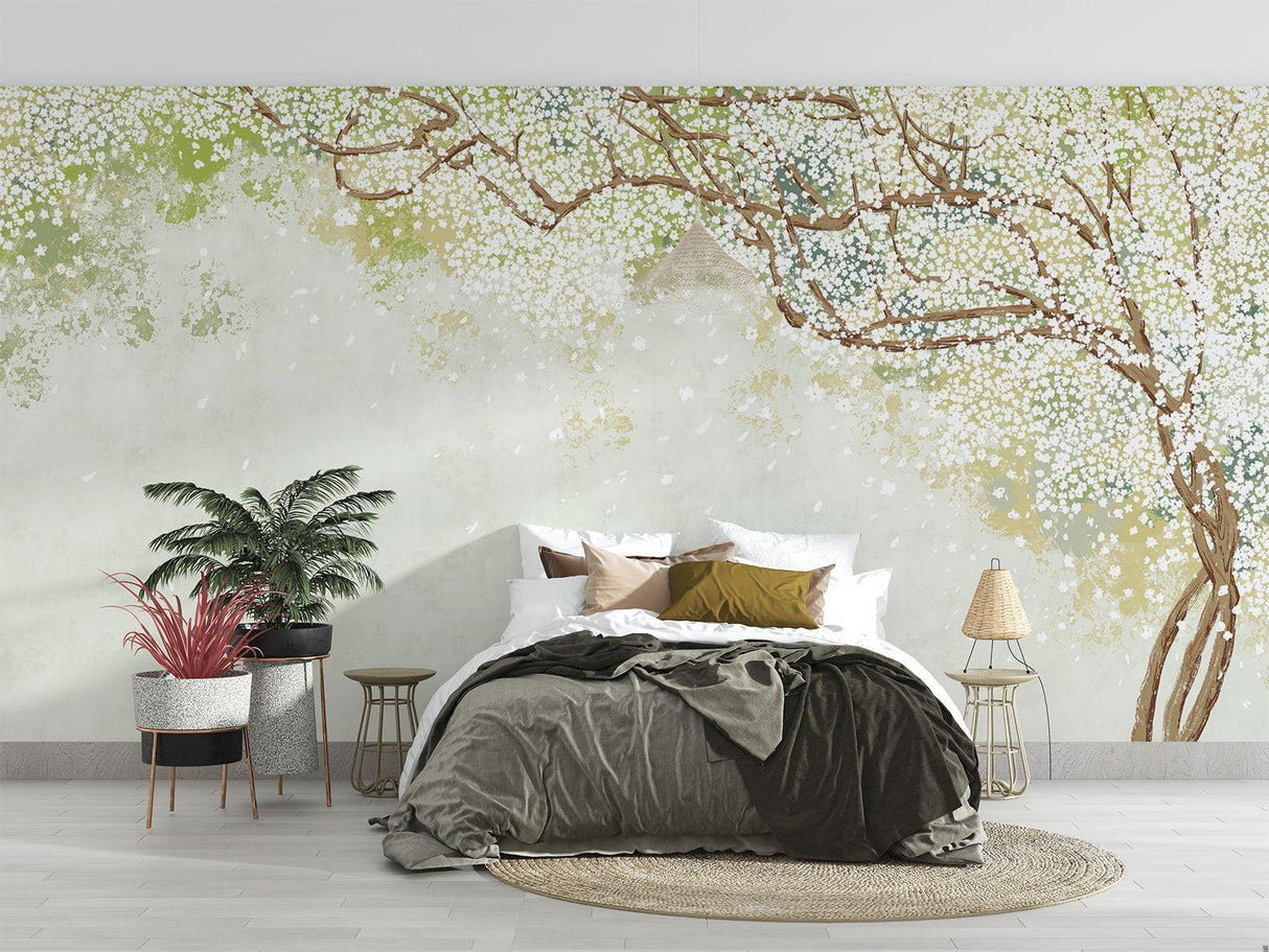 Papier Peint Mural Fleurs de Cerisier | Design Aquarelle Blanc Doux