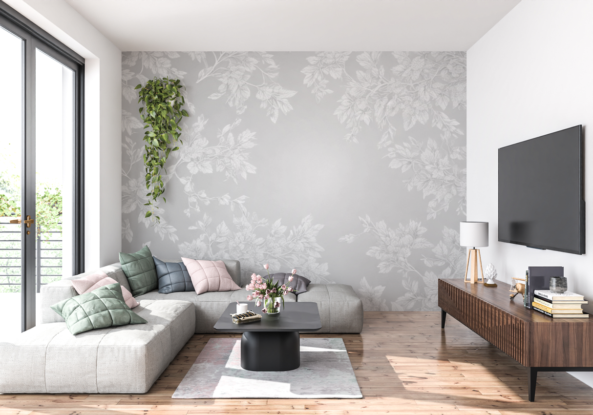 Floral Mural Wallpaper | Elegant Grey Leaf Pattern