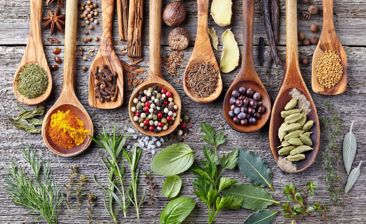 Kitchen Mural Wallpaper | Rustic Spices and Herbs Display
