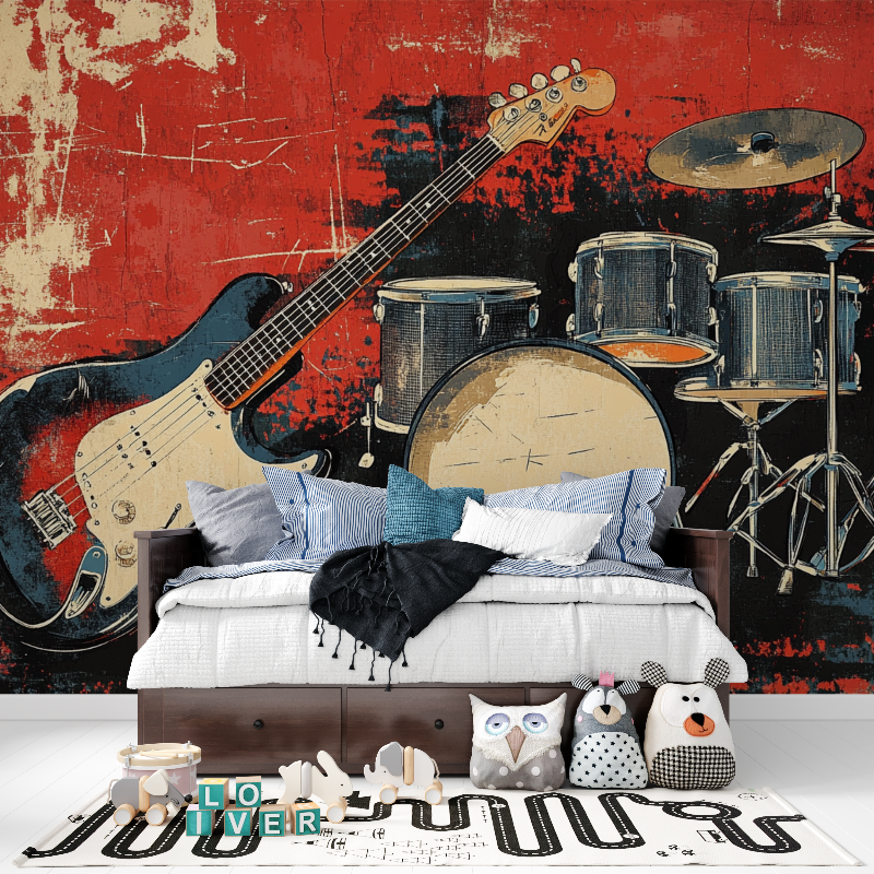 Music Mural Wallpaper | Vintage Rock Band Instruments