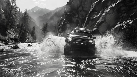 Design file showing detailed black and white rally car pattern with mountain backdrop and water effects