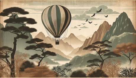 Hot air balloon adventure wallpaper displayed in a bright modern living room, showing scale and earth tone compatibility