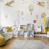 Adventure wallpaper with hot air balloons and planes bringing magic to a bright nursery with natural light