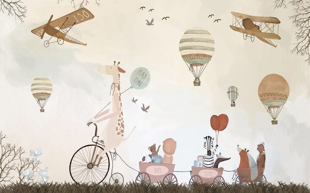 Adventure mural wallpaper design file showing full pattern of hot air balloons, planes and safari animals
