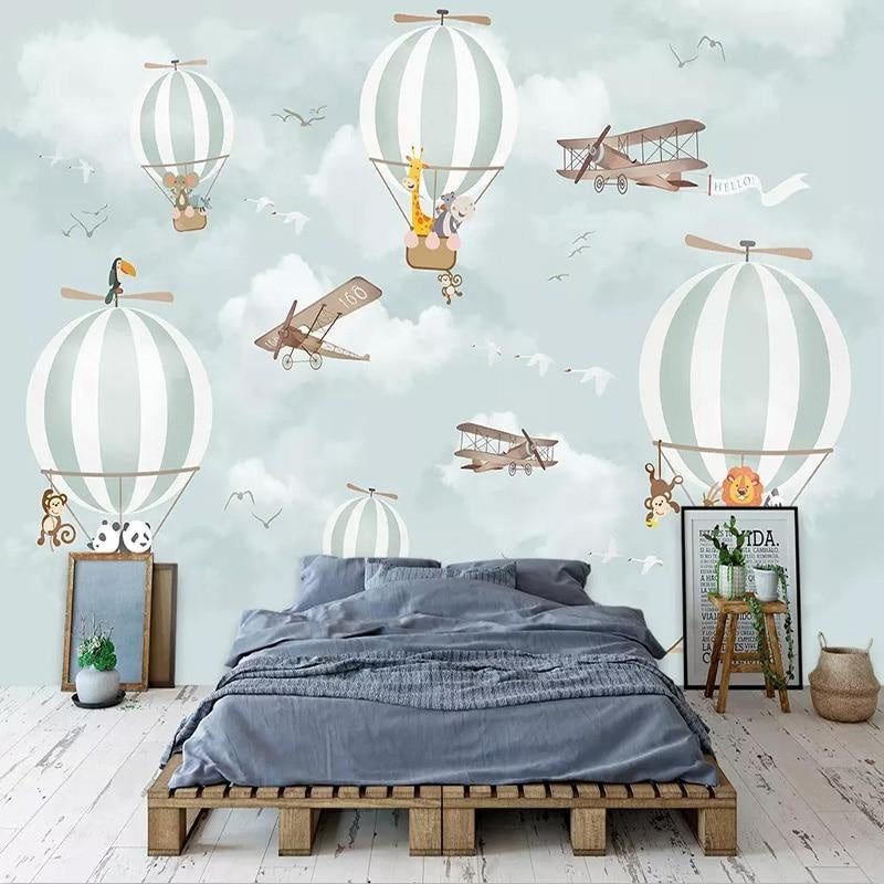 Adventure wallpaper with hot air balloons in a modern playroom setting