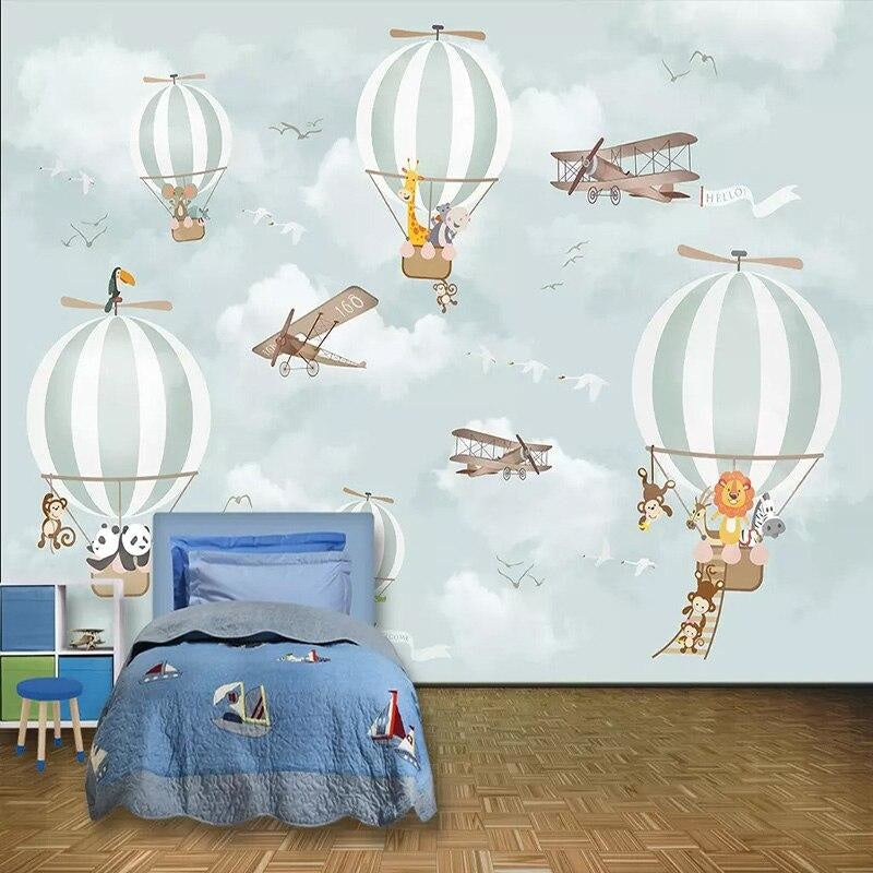 Kids room with sky journey wallpaper showing floating animals and balloons