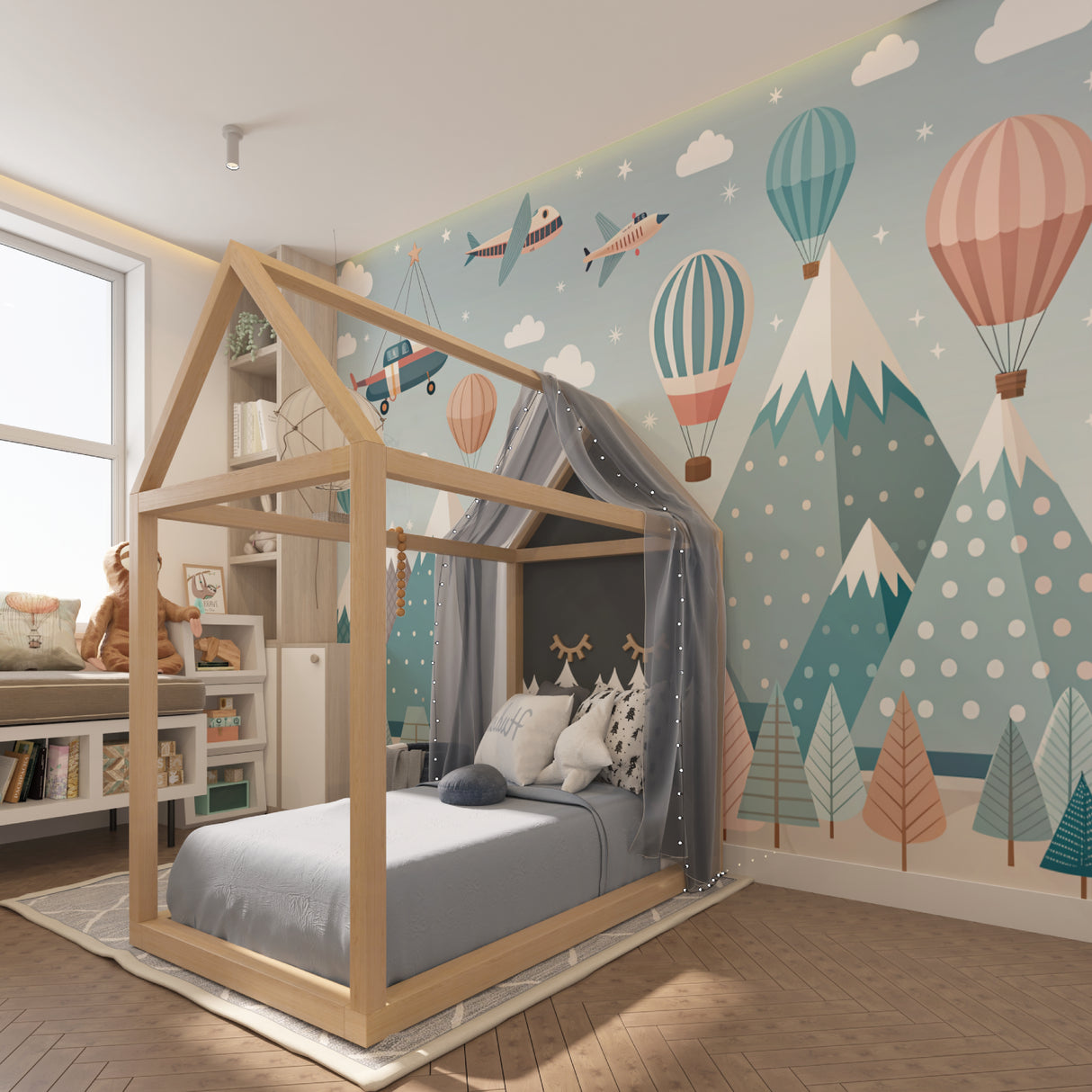 Hot air balloon wallpaper creating magic in a bright nursery with mountain views and floating pastel balloons