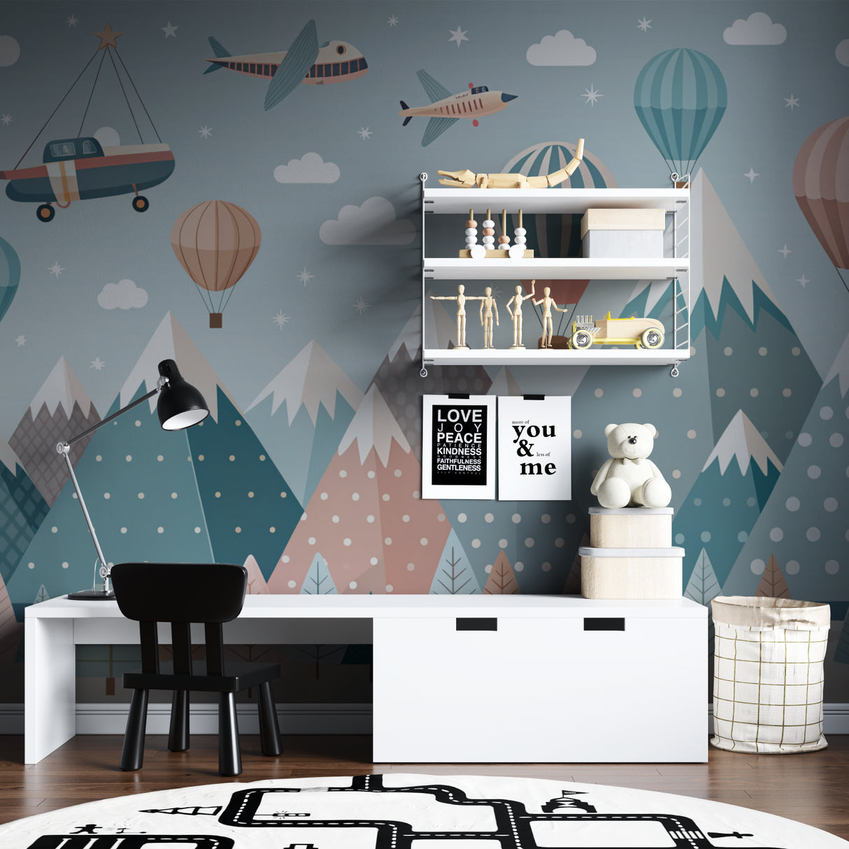 Kids bedroom featuring mountain adventure mural with teal hot air balloons and soft coral accents