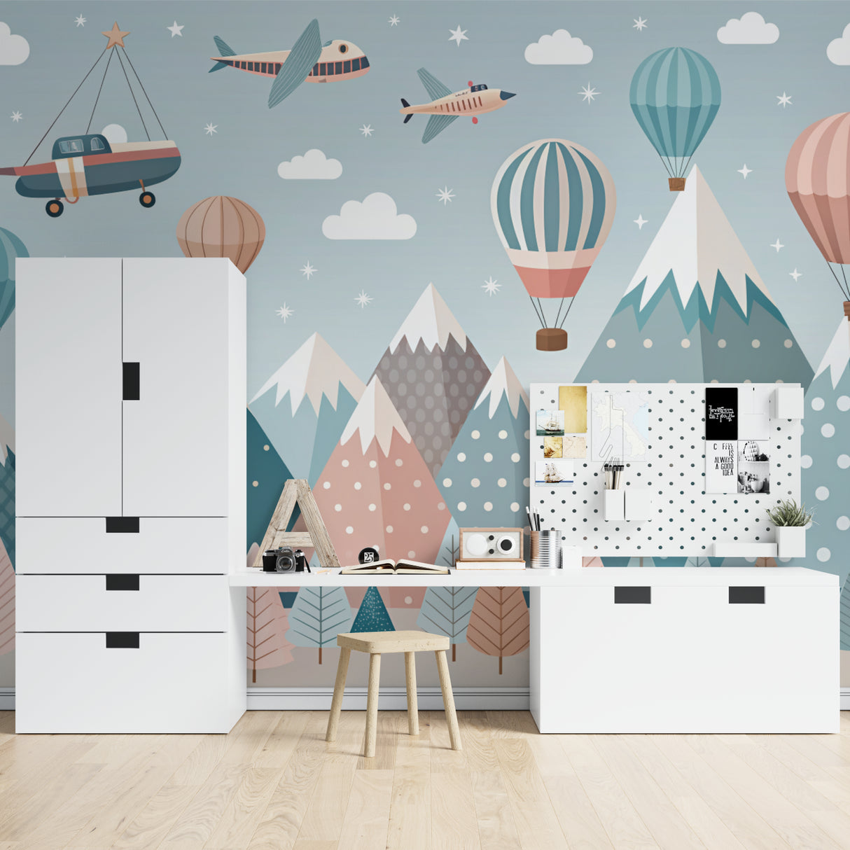 Playroom transformed with dreamy hot air balloon mountain wallpaper in soothing pastel colors