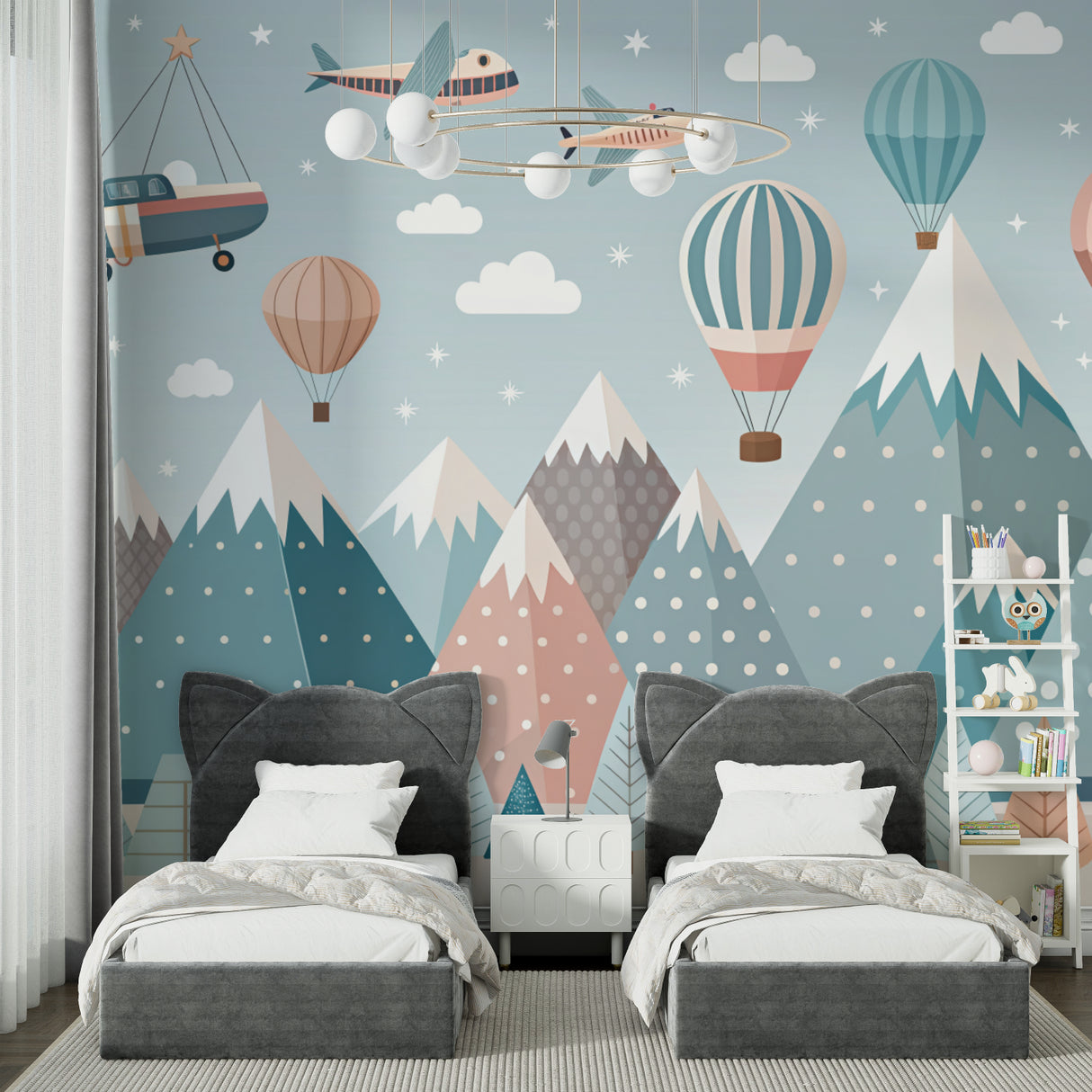 Reading nook with adventure theme wallpaper showing floating balloons over snowy mountain peaks