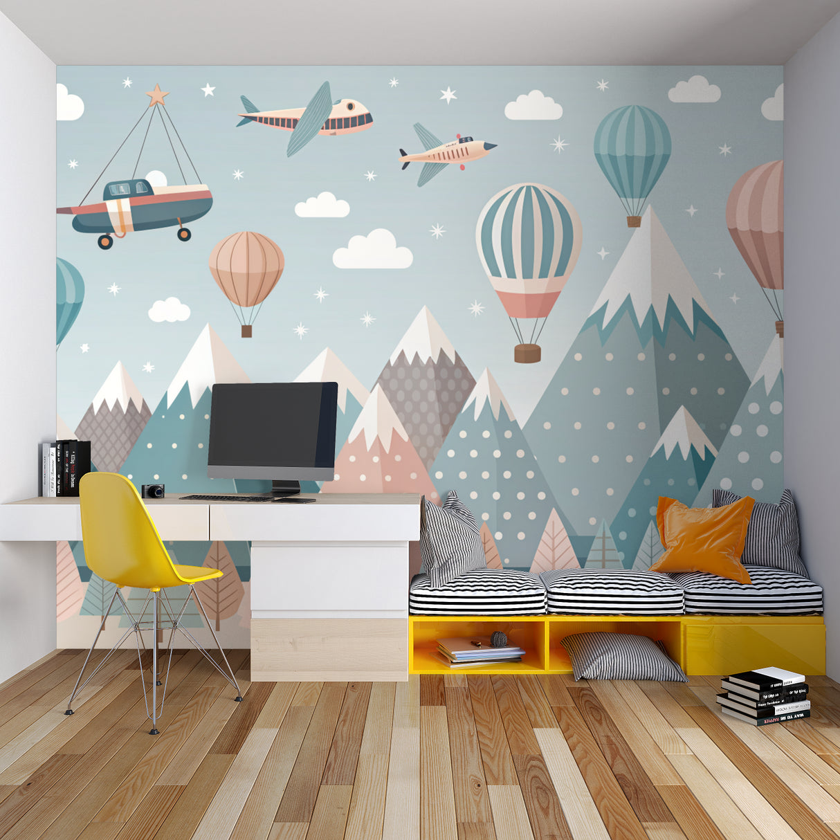 Baby room featuring gentle mountain scenery with drifting hot air balloons and fluffy clouds